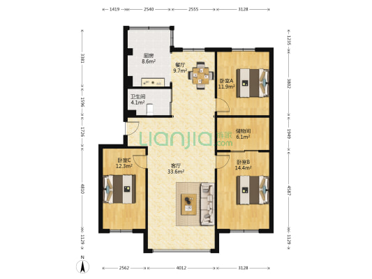 华美新天地 3室2厅1卫 138平方