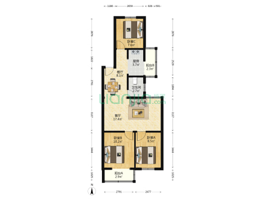 红松园北里2号院 3室2厅1卫 81平方