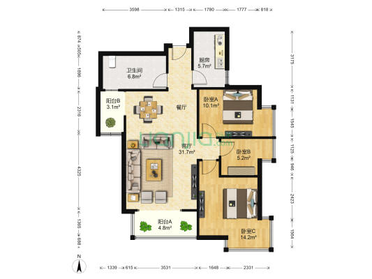 西雅图国际会馆 3室1厅1卫 102平方