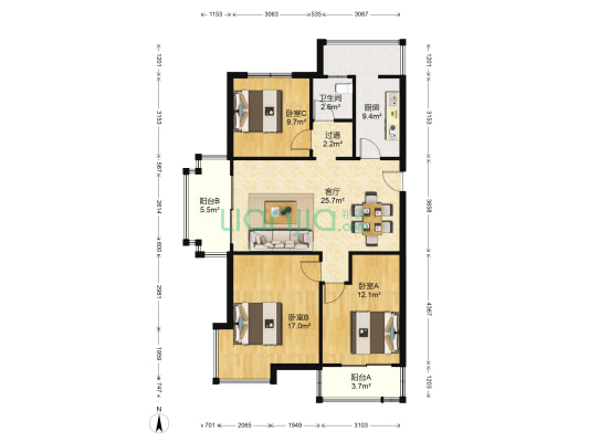 花园洲南区 3室1厅1卫 103平方