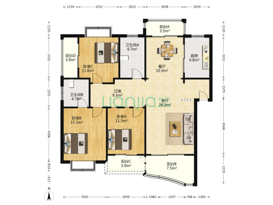 四季花城月季园 3室2厅2卫 134平方