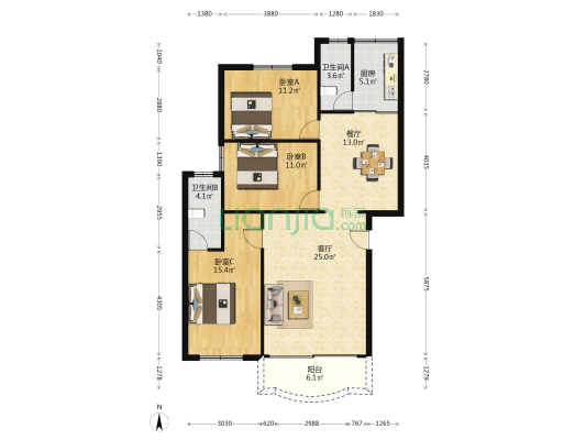 惠景花园 3室2厅2卫 102平方