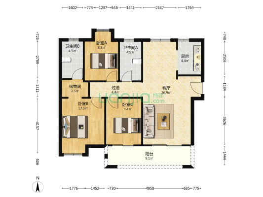 状元茗居 3室1厅2卫 118平方