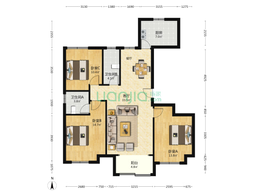 玉龙湾 3室1厅2卫 130平方