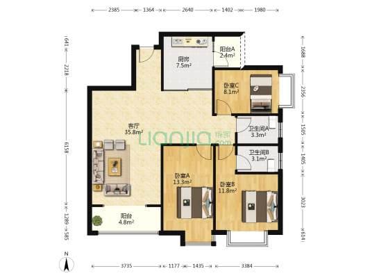 鑫丰丽景 3室1厅2卫 116平方