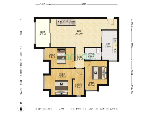 住家精装三房 保养比较新 总价低 户型方正 中间楼层-户型图