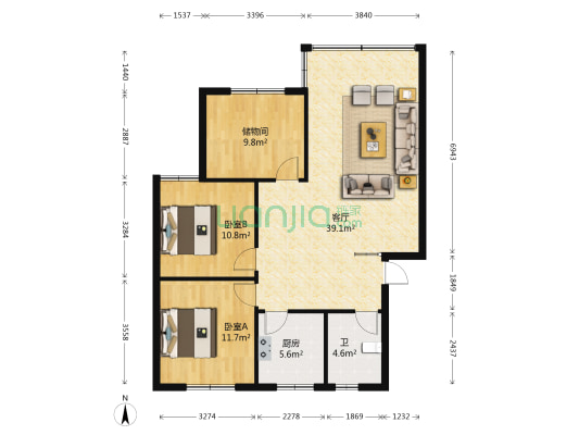 鑫荣花园 2室1厅1卫 109平方