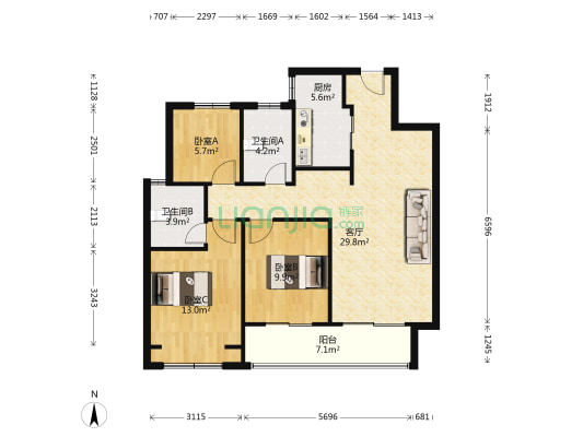 融创淮海壹号 3室1厅2卫 106平方