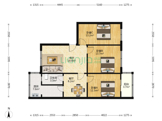 火车售票楼 3室2厅1卫 104平方