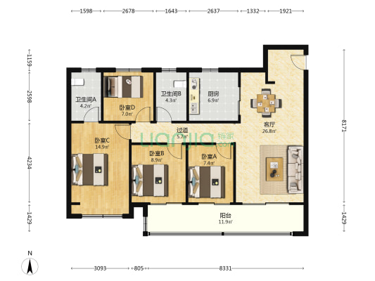 龙湖天曜城 4室1厅2卫 131平方
