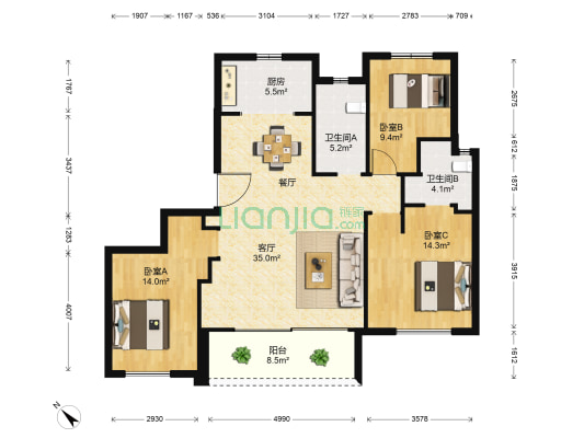 中信泰富滨江金融城 3室1厅2卫 137平方
