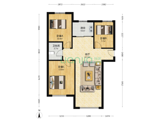 K2狮子城南区 3室1厅 南 北-户型图