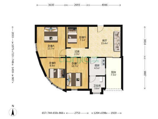 海逸轩 4室1厅1卫 90平方