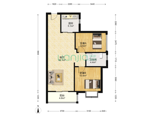 九坤翰林苑 2室1厅1卫 89平方