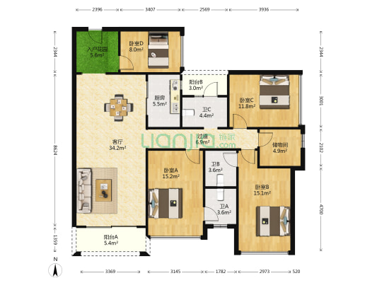 天品花园 4室1厅3卫 147平方