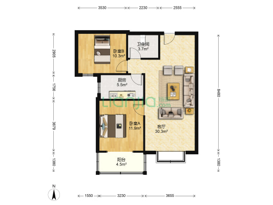 此房房本满两年 精装修 正规两居 带转角飘窗 大阳台-户型图