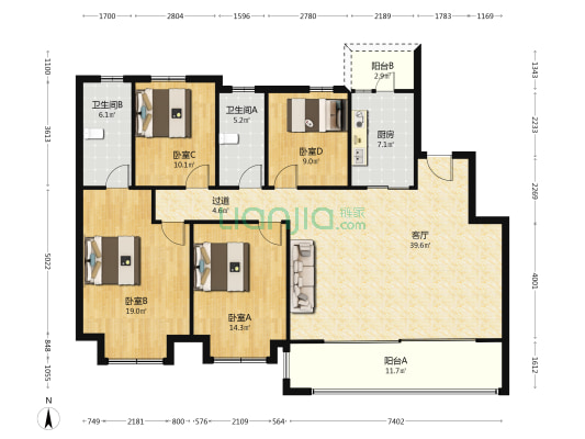 新力蓝光弘阳合园 4室1厅2卫 149平方