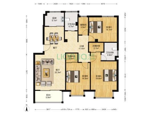 东湖花园二期 3室1厅2卫 136平方