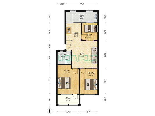 虞新花园 3室2厅1卫 87平方