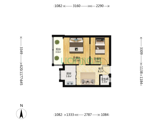 小户型总价低 中间楼层 正规二房 全明户型-户型图