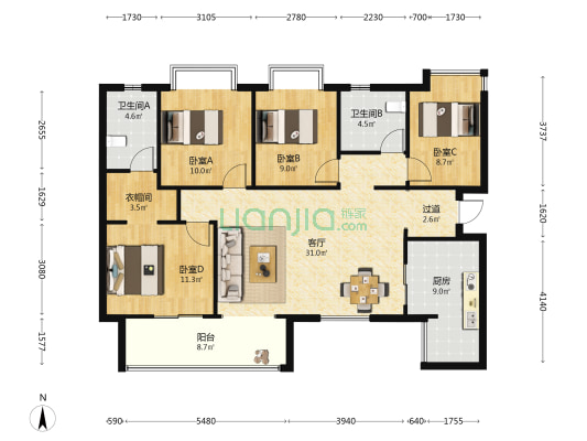 恒大御景半岛 4室1厅2卫 132平方