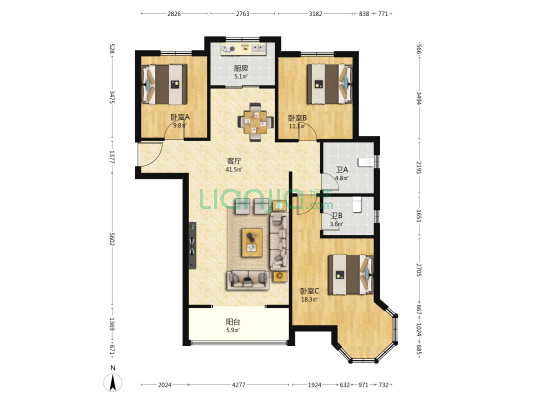 御江景城 3室1厅2卫 136平方