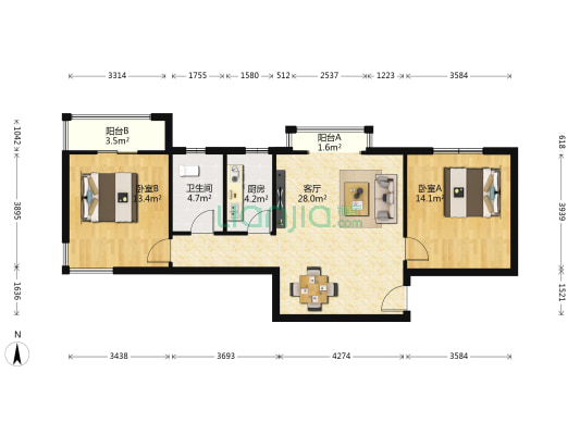 金奥府邸 2室1厅1卫 95平方