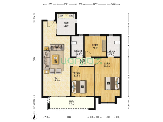 远洋东方境世界观3号地 3室1厅2卫 129平方