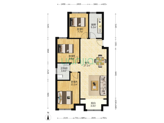 华能郡府 3室1厅1卫 102平方