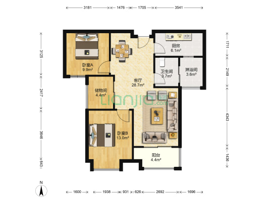 海亮御府 2室1厅2卫 89平方