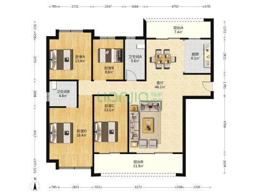 兴铁湘府和园 4室1厅2卫 170平方
