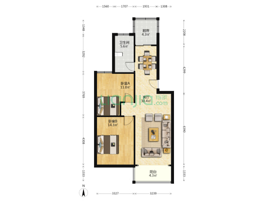 银泰华城 2室1厅1卫 86平方