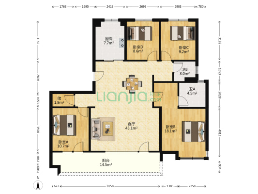 龙湖天钜 4室1厅2卫 155平方