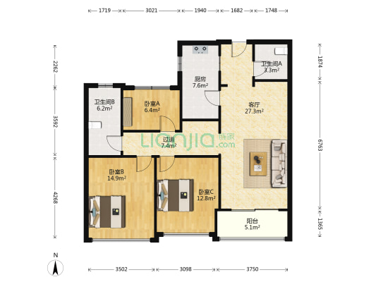 绿都南江壹号 3室1厅2卫 88平方