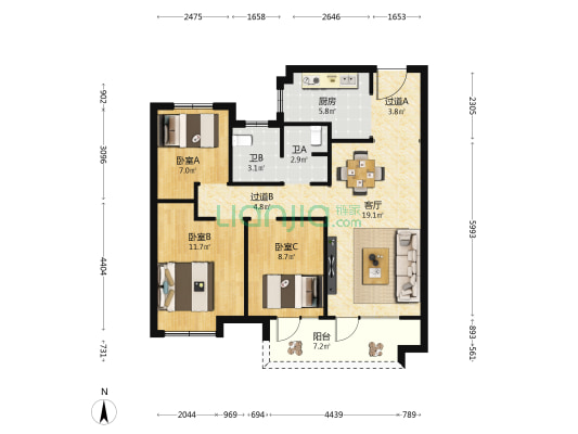 龙湖春江天越 3室1厅2卫 102平方