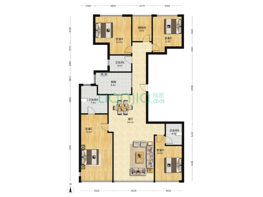 红橡春园 4室1厅3卫 192平方