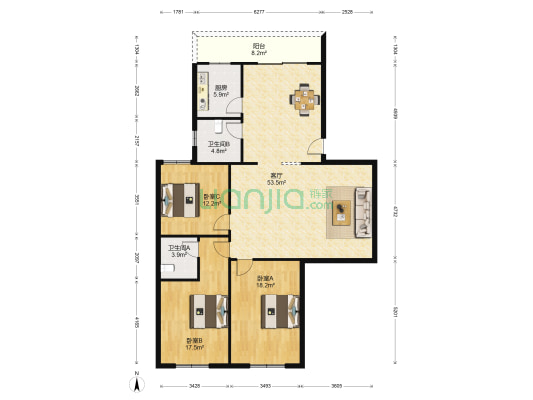 大石板小区 3室1厅2卫 136平方