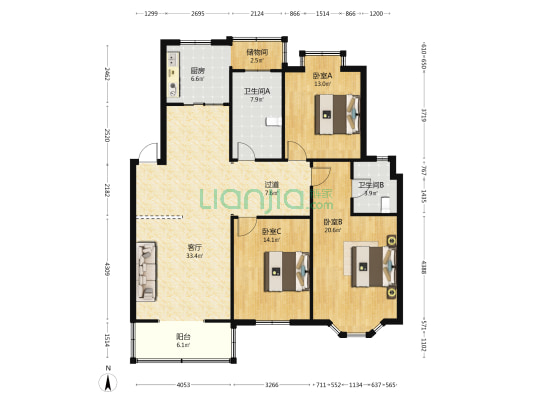 康鑫公寓 3室1厅2卫 131平方