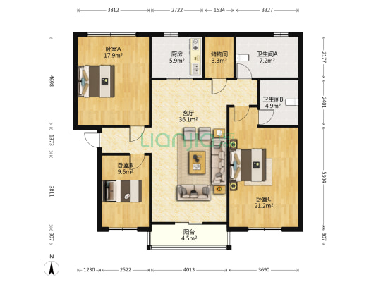 商务花苑B区 3室1厅2卫 122平方