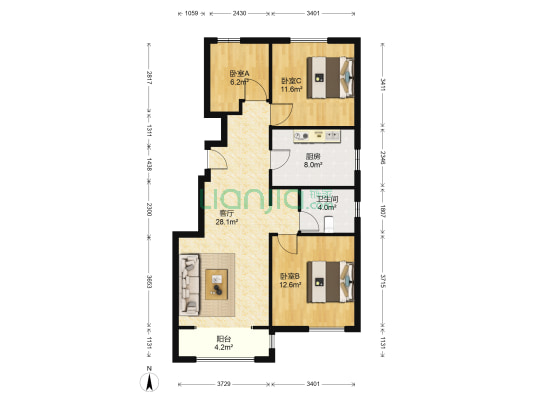 金地艺城悦府 3室1厅1卫 97平方