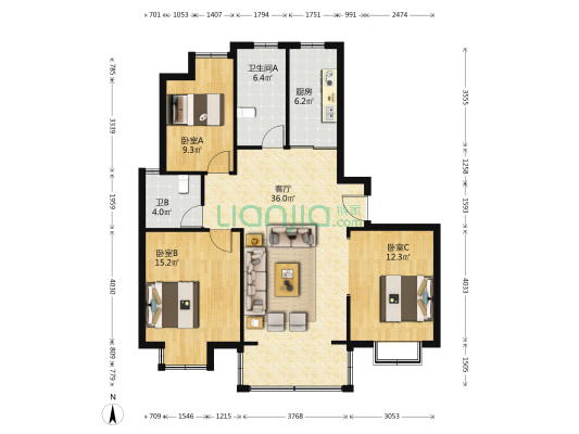 锦绣花苑四期 3室1厅2卫 126平方