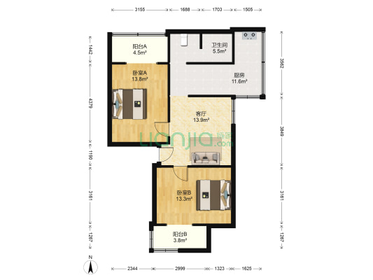 王家塘街14号 2室1厅1卫 81平方