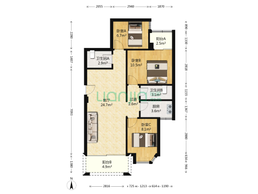 羊城花园 3室1厅2卫 90平方