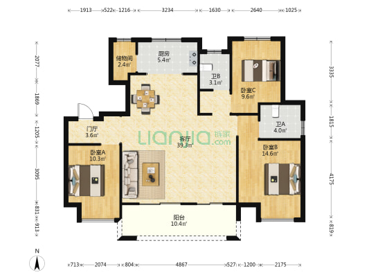 盛世城邦旭园 3室1厅2卫 127平方