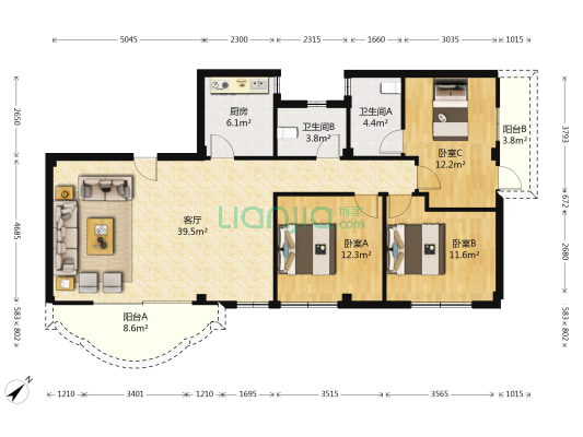 冠江大厦 3室1厅2卫 123平方