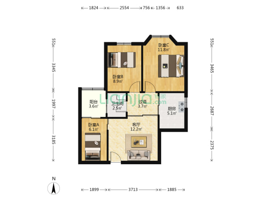 电视台小区 3室1厅1卫 66平方