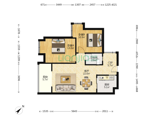 金海世纪城精装两室，家具家电齐全，生活便利，-户型图