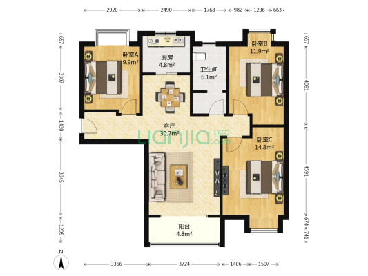 万象湾 3室1厅1卫 104平方