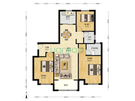 翠屏嘉园 3室1厅2卫 122平方
