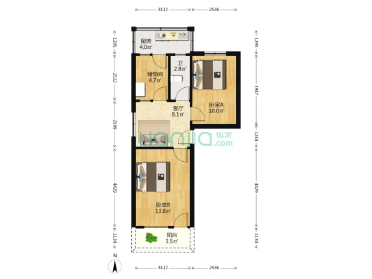 县物资局住宅楼 2室1厅1卫 62平方